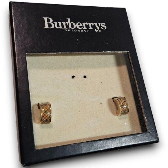 Burberry Authentic Vintage Y2K Gold & Plaid Check Huggie Clip-On Earrings w/ Box - Picture 2 of 8
